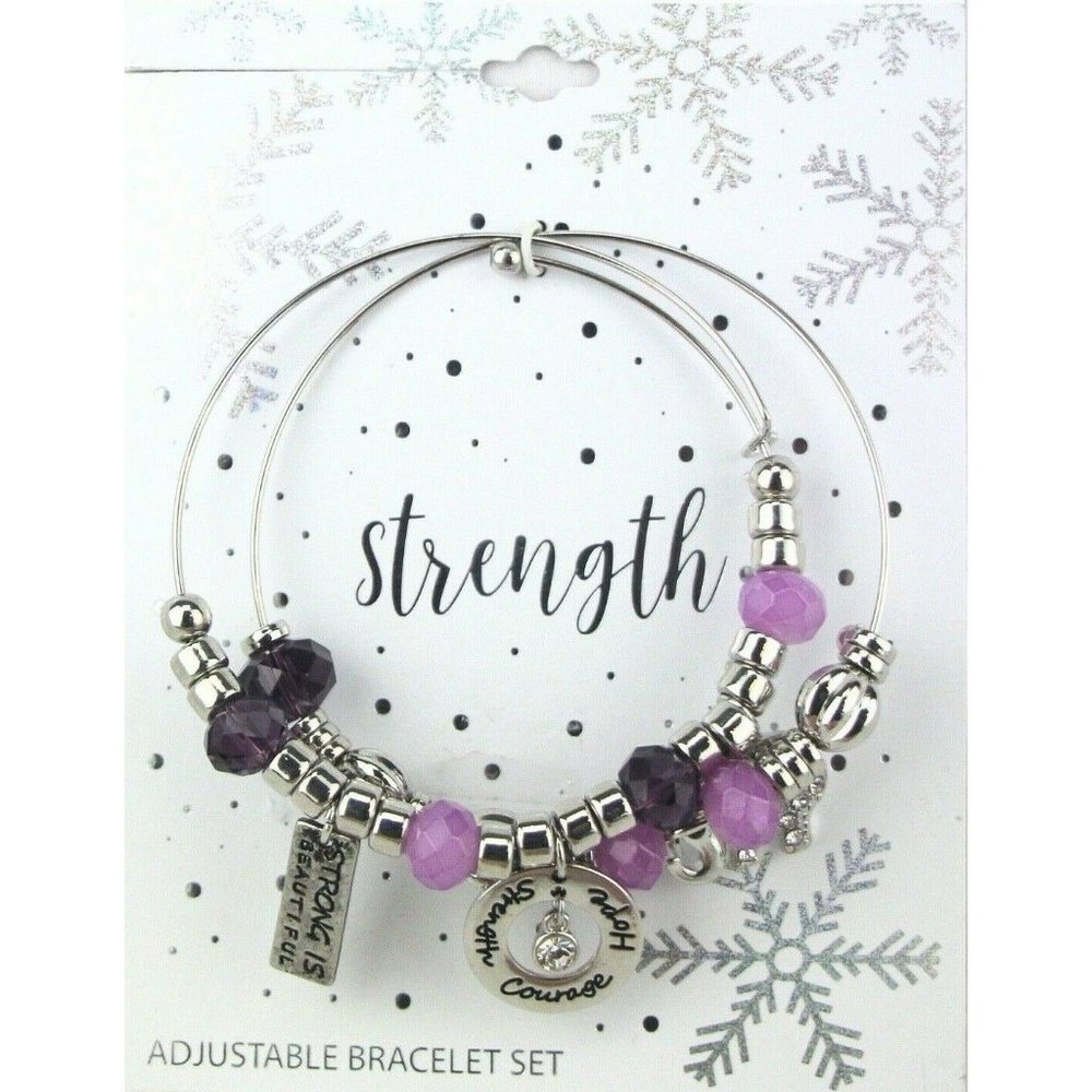 Strength Charm Bracelets Elephant Silver-tone Bangle with Purple Beads